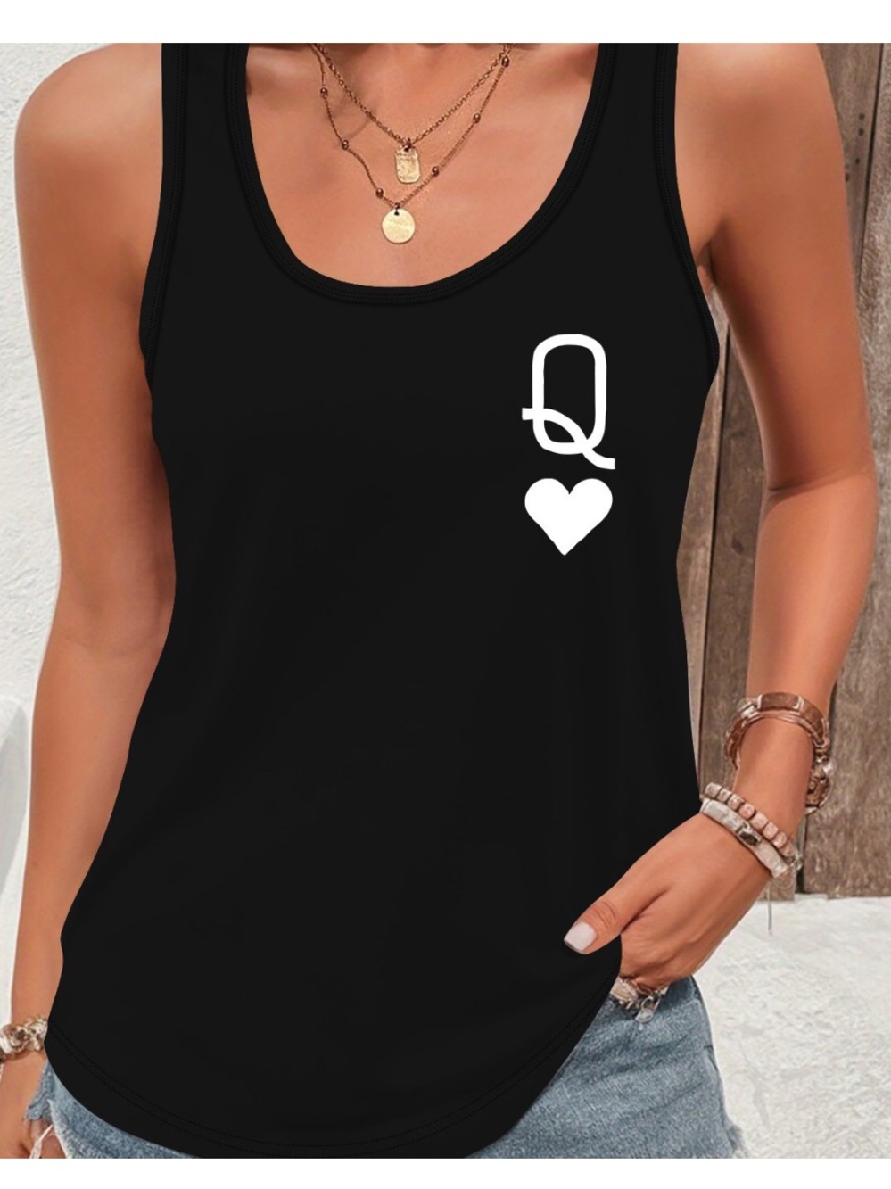 Black Racerback Tank Top with White 'Q' and Heart Graphic Sz L